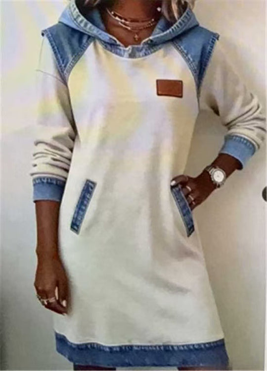 Damen nan Kapuzen-Sweatkleid mit Jeans-Applikationen, Kängurutaschen und lässigem Schnitt Shop Nory