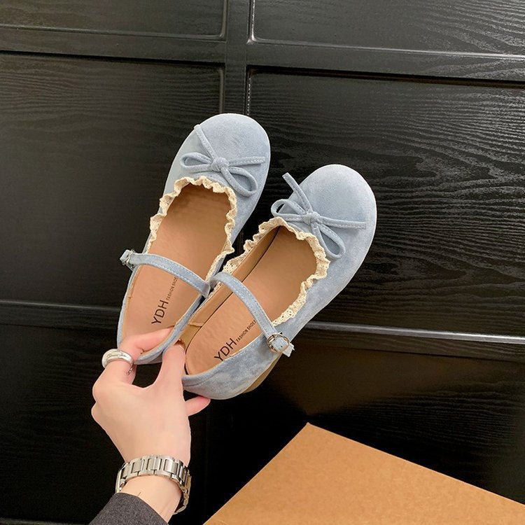 Damen elegante Mary Jane Ballerinas mit dekorativem Spitzenrand und Schleifenakzent