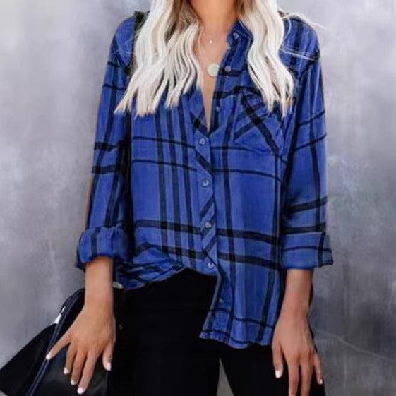 Damen Oversize-Hemdbluse mit Karomuster, Brusttasche und umkrempelbaren Ärmeln Shop Nory