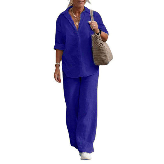 Damen Leichtes Leinen-Optik Zweiteiler mit Oversize-Hemd und weiter Palazzohose Shop Nory