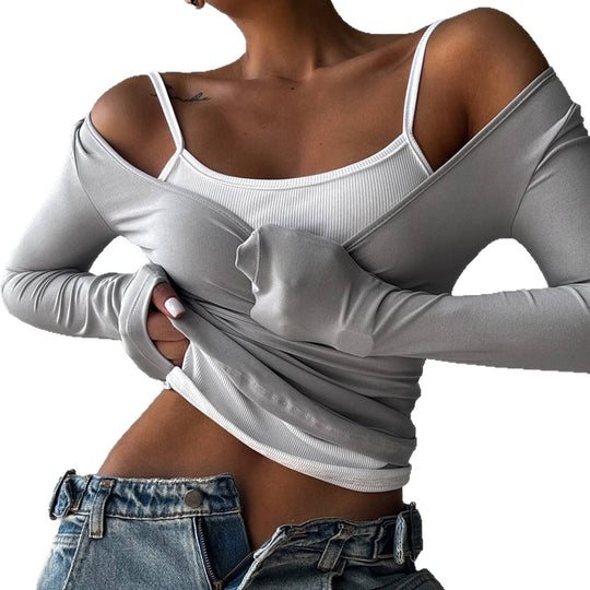 Damen nan tailliertes Longsleeve-Cropped-Top mit eckigem Ausschnitt und doppelten Spaghettiträgern Shop Nory