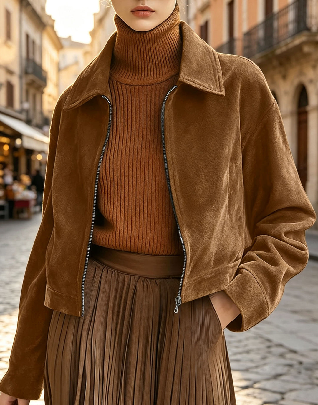 Damen Kurzjacke aus Wildlederoptik mit Reißverschluss und weitem Hemdkragen Shop Nory