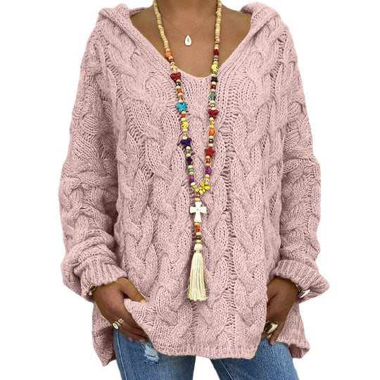Damen Oversized Zopfmuster-Strickpullover mit Kapuze und lässigem V‑Ausschnitt Shop Nory