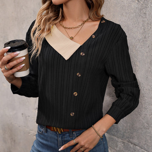 Damen Rippstrick-Top mit asymmetrischer Knopfleiste und kontrastierendem V‑Einsatz Shop Nory