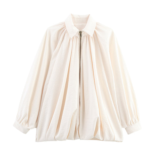 Damen Weite plissierte Cape-Bluse mit Stehkragen und verdecktem Reißverschluss Shop Nory
