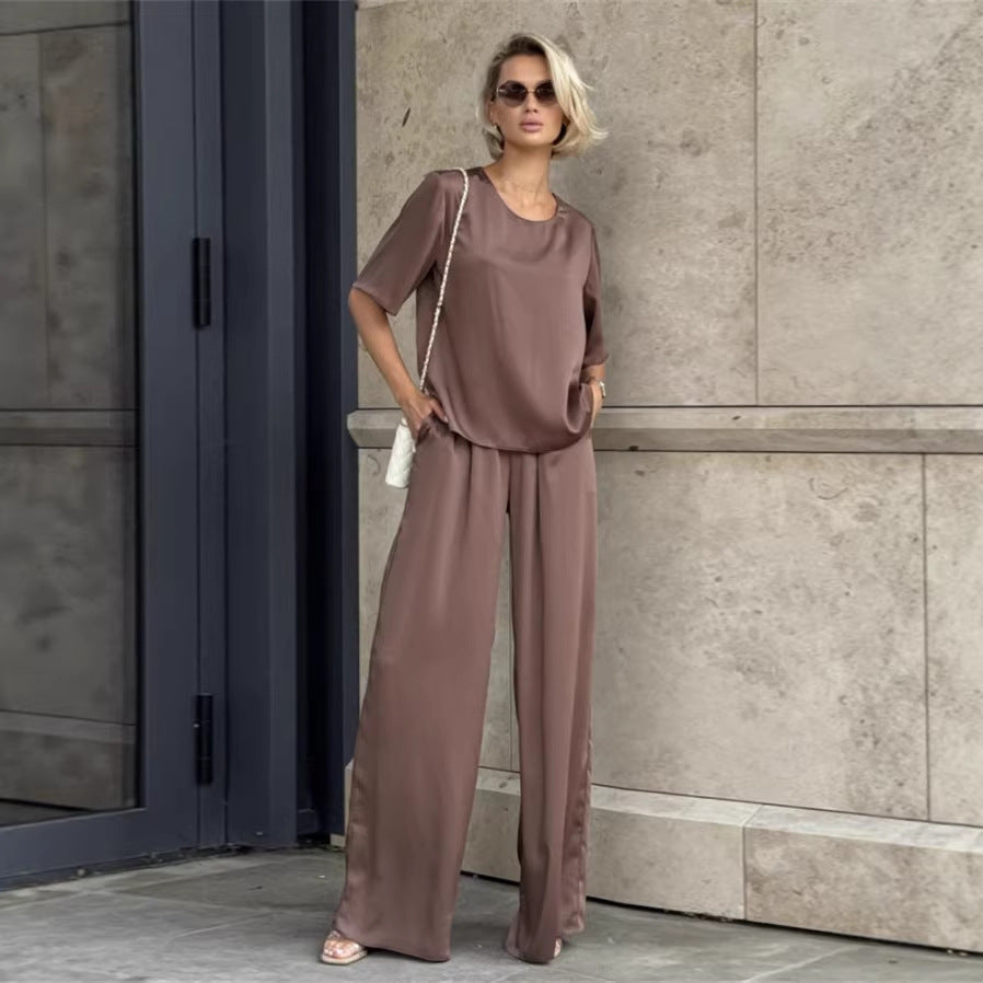 Damen elegantes und fließendes Zweiteiler-Set mit lockerem Oberteil und weiten Hosen Shopnory