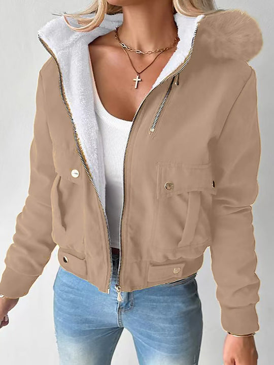 Damen Kurzblouson Winterjacke mit Teddyfutter und abnehmbarer Kunstfellkapuze Shop Nory