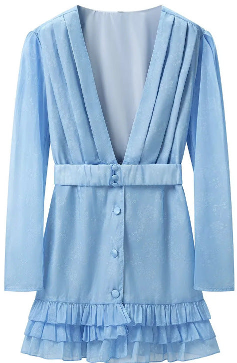 Damen Kurzes Satinkleid mit tiefem V-Ausschnitt, Taillengürtel und gestuften Volants Shop Nory
