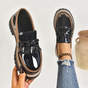 Damen Modische Lack-Loafer mit übergroßer Schleife und grober Profilsohle Shop Nory