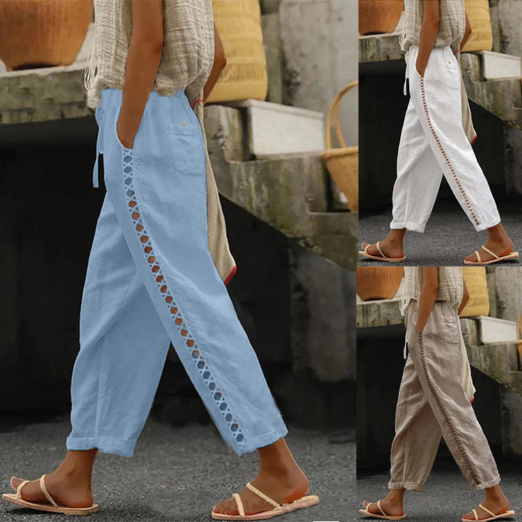 Damen lässige Leinen-Palazzo-Hose mit elastischem Bund und seitlichen Taschen