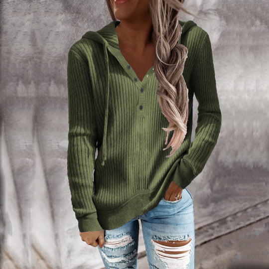 Damen Lässiger gerippter Hoodie-Pullover mit Henley-Knopfleiste und Tunnelzug Shop Nory