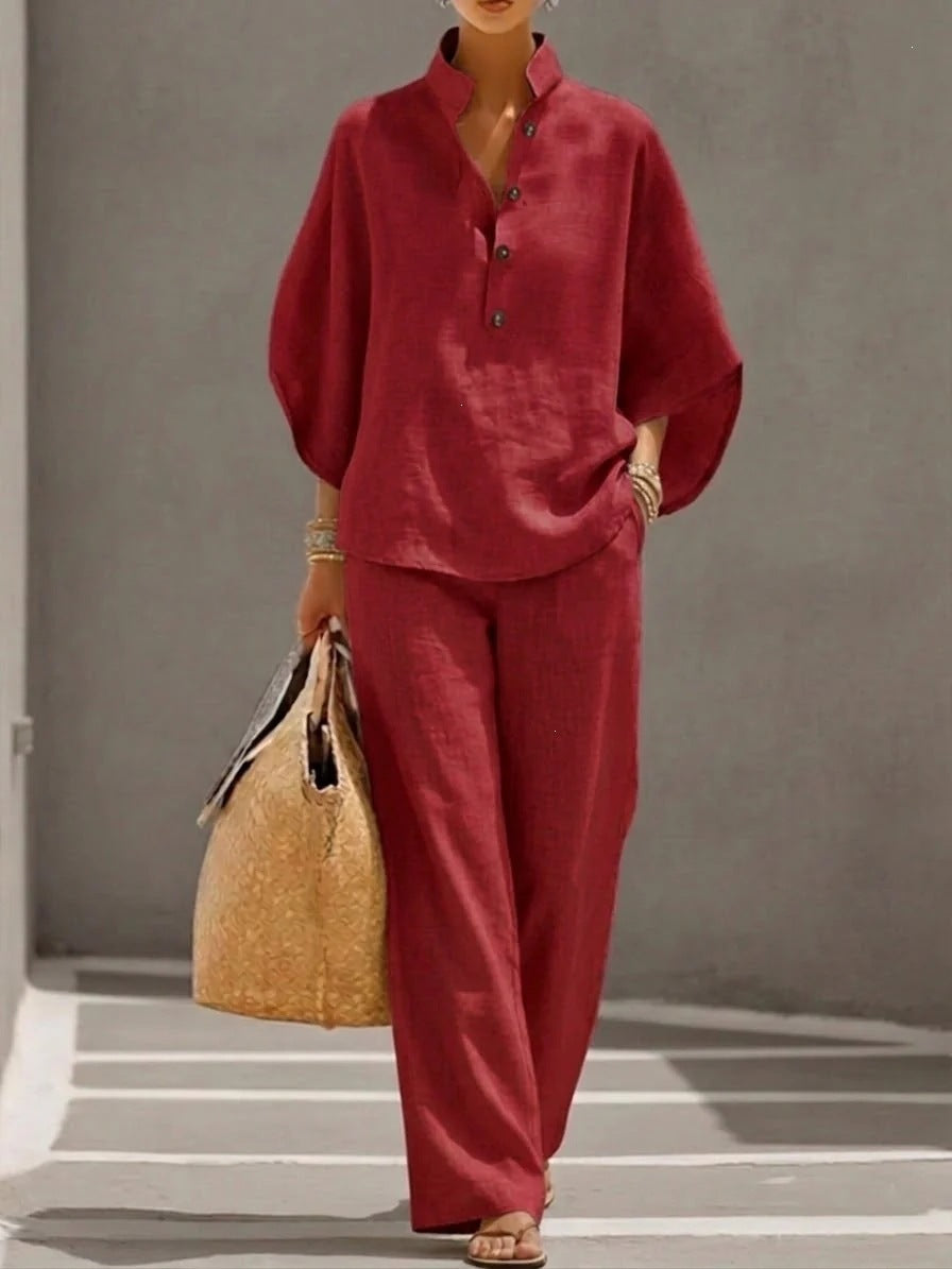 Damen Lockeres Leinenoptik-Zweiteiler mit Stehkragenbluse und weitem Palazzo-Hose Shop Nory