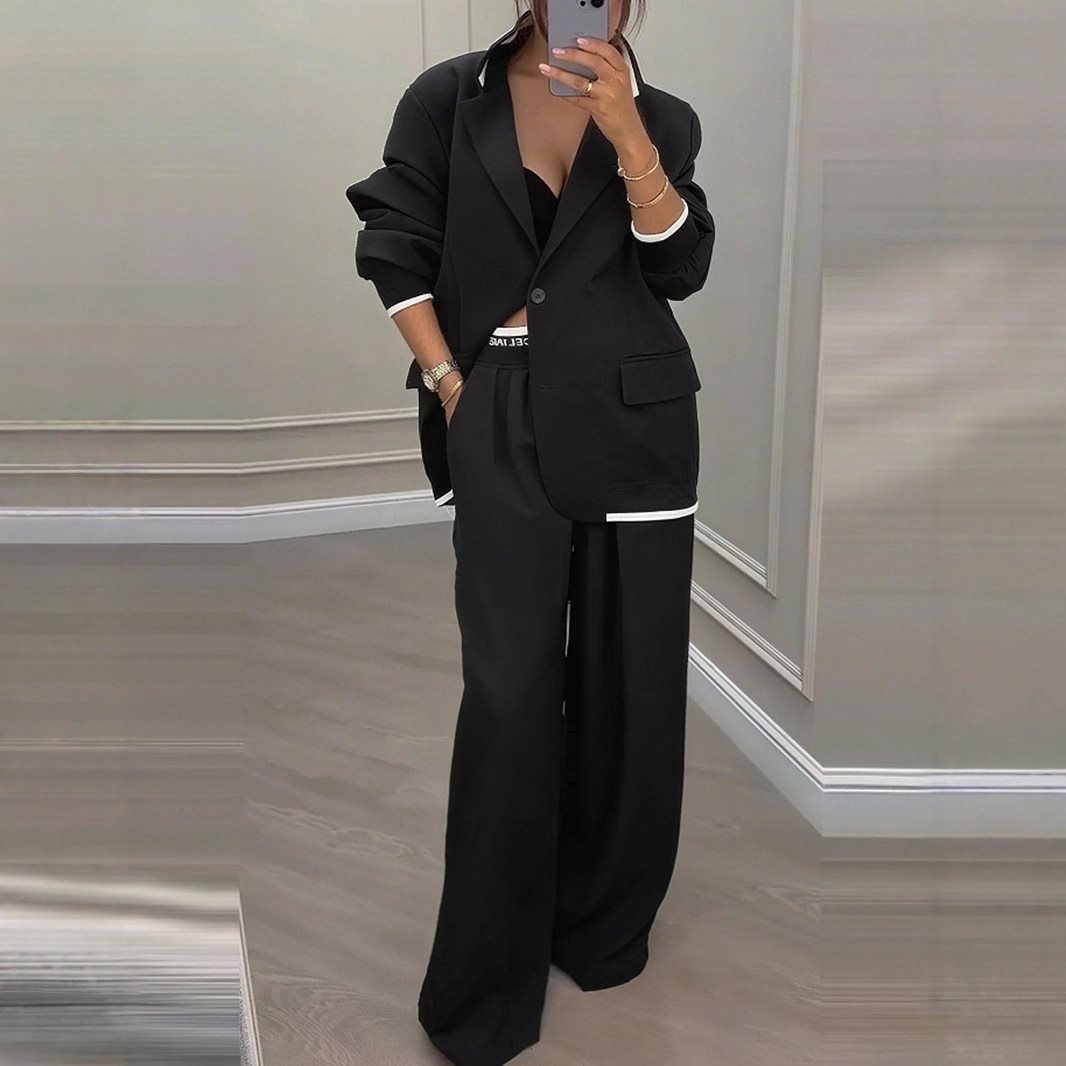 Damen Oversize-Blazer mit Kontrastbesatz und High‑Waist Palazzo‑Hose Zweiteiler Shop Nory