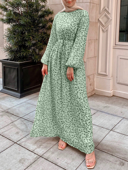Damen Geblümtes Maxikleid mit Kordel-Taille und Ballonärmeln Shop Nory