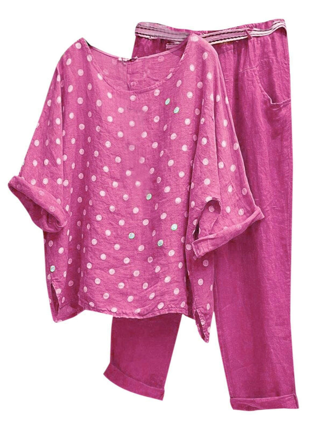 Damen Kombination aus leichten Rundhalsbluse mit Punkten und bequemen Hose