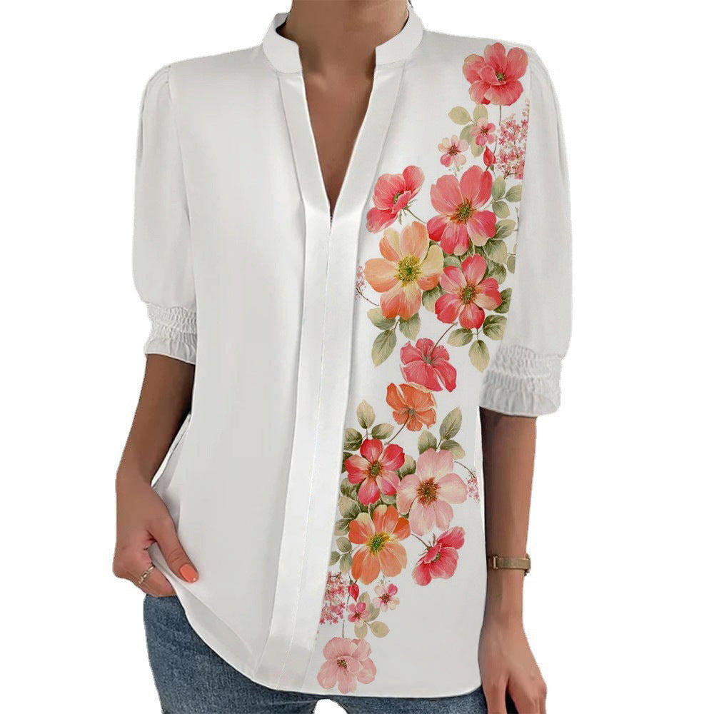 Damen Blumenprint Tunika-Bluse mit Stehkragen, geschlitzter V‑Blende und gerafften 3/4-Ärmeln Shop Nory