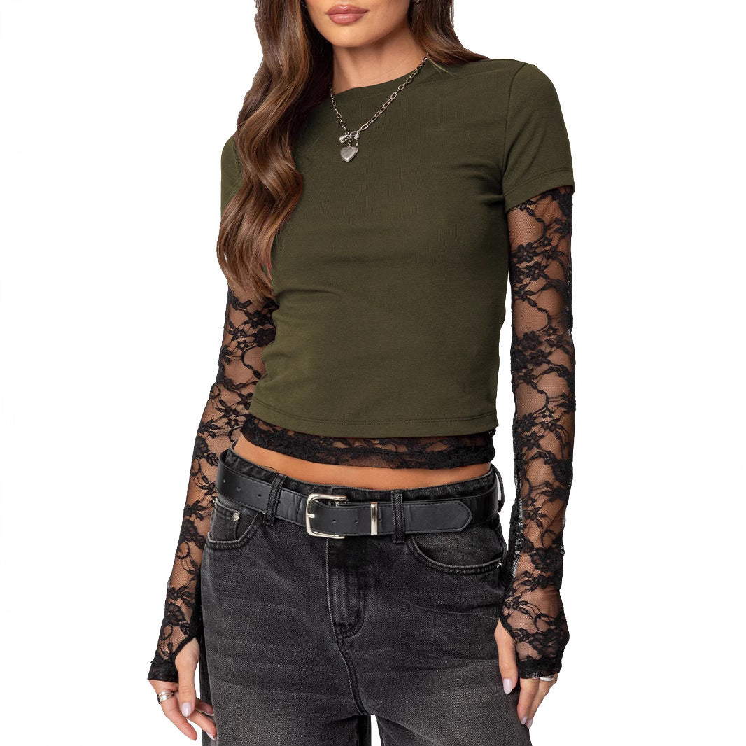 Damen Kurzgeschnittenes T‑Shirt mit transparenten Spitzenärmeln Shop Nory