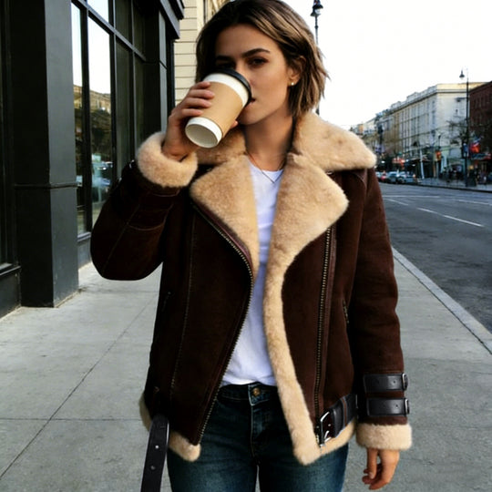 Damen nan flauschige Bikerjacke mit Teddyfutter und Schnallenbesatz Shop Nory