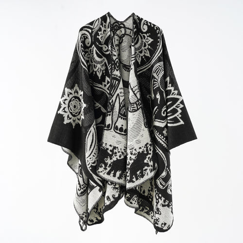 Damen Jacquard-Überwurfponcho mit doppelseitiger Webstruktur und Zierstichkante Shop Nory