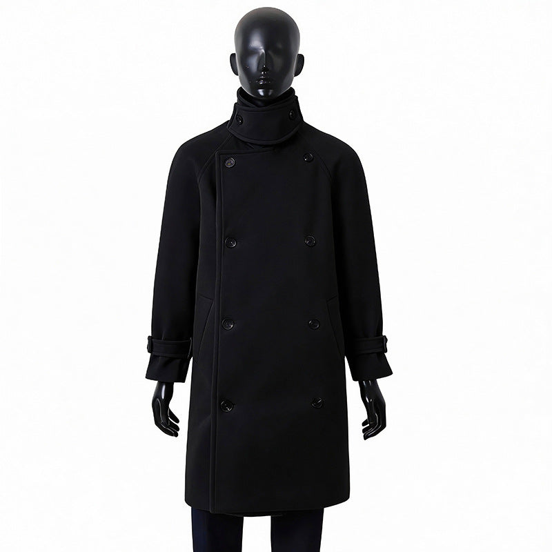 Herren Maxilanger Doppelreihiger Wollmix-Mantel mit hohem Stehkragen, Taillengürtel und verstellbaren Manschettenriemen Shop Nory