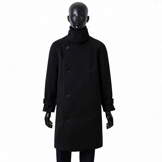 Herren Maxilanger Doppelreihiger Wollmix-Mantel mit hohem Stehkragen, Taillengürtel und verstellbaren Manschettenriemen Shop Nory