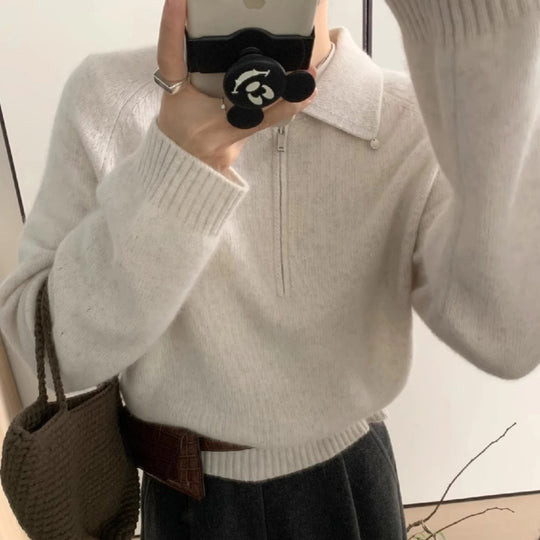 Damen Kurzzip-Polo-Pullover aus flauschigem Wollmix mit kastiger Silhouette Shop Nory