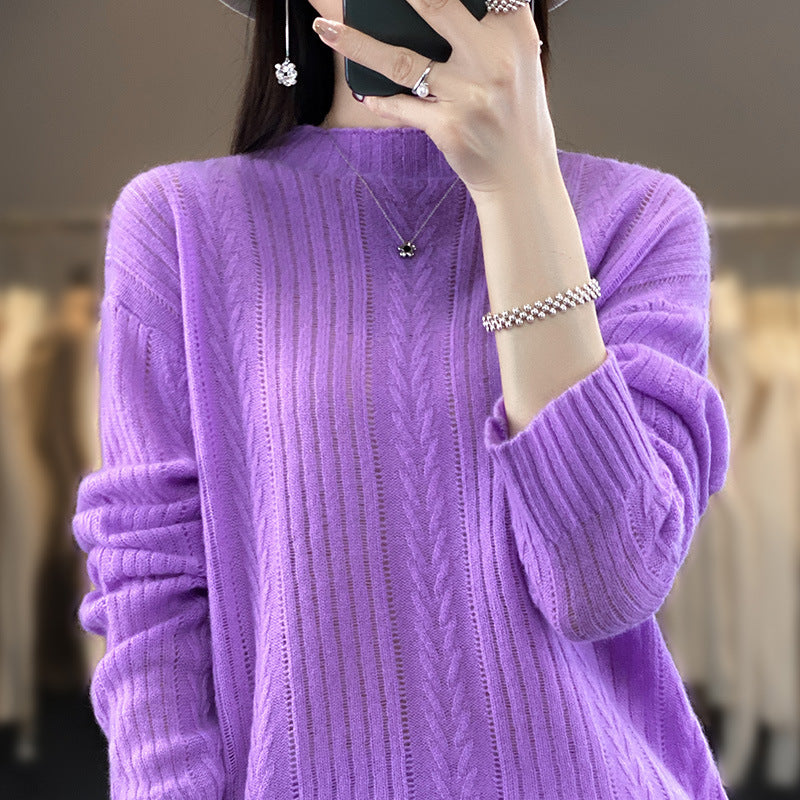 Damen Kaschmirähnlicher Feinstrick-Mockneckpullover mit Ajour‑Zopfmuster und lässiger Oversize‑Passform Shop Nory