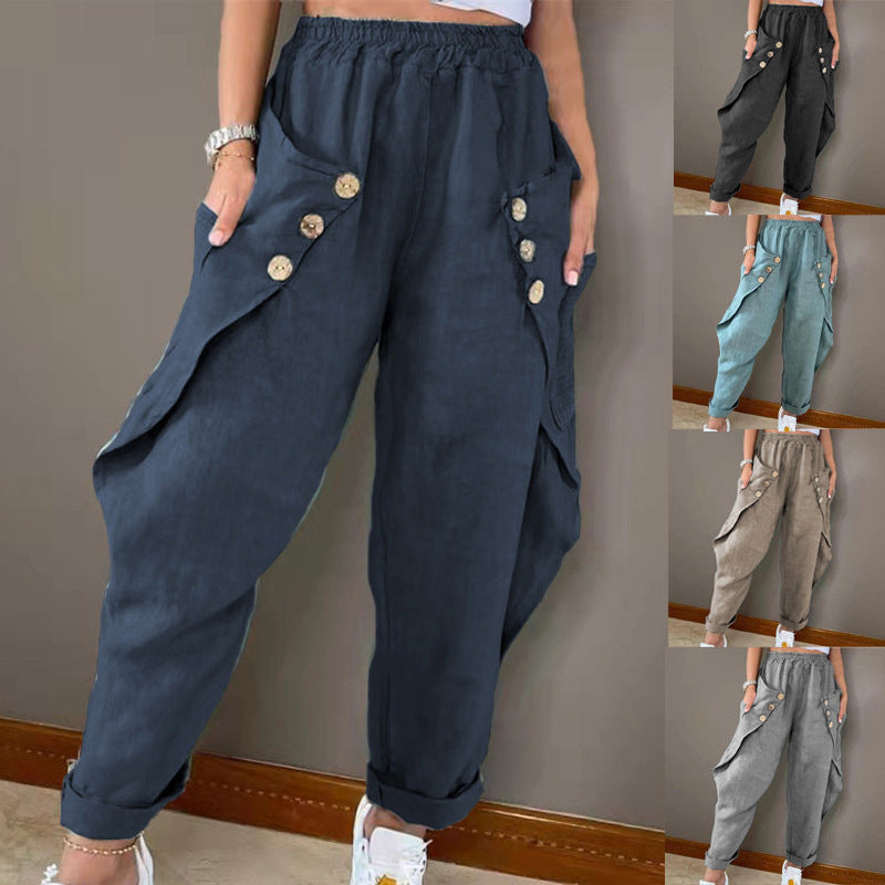 Damen Legere Leinenhose mit Knopfdetails und großen Taschen Shopnory