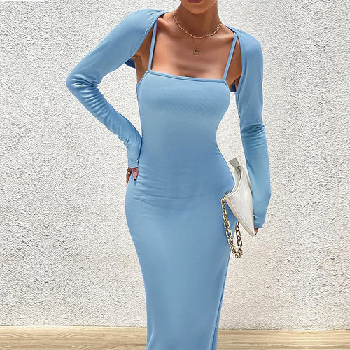 Damen schlankes Maxikleid mit Spaghettiträgern und abnehmbaren Bolero-Ärmeln Shop Nory