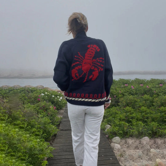 Damen Oversize Strickcardigan mit Walmotiv und nautischer Kontrastbordüre Shop Nory