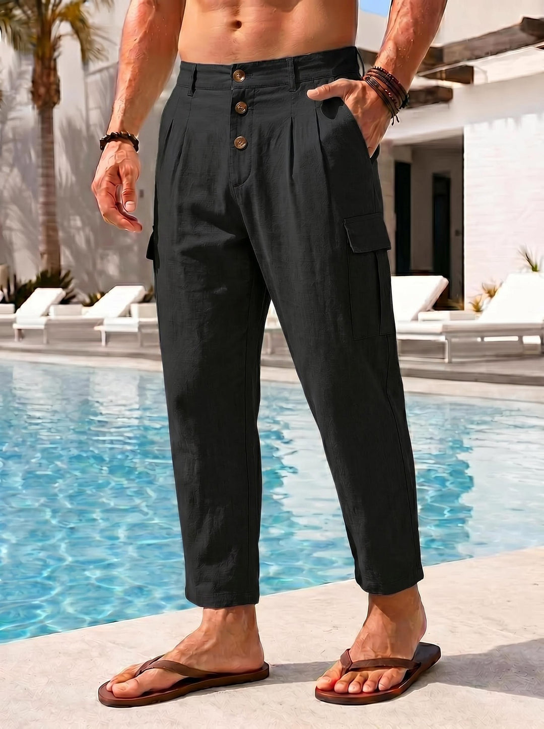 Herren lässige Leinen-Cargo-Chino mit Knopfleiste, Bundfalten und gekürzter Knöchellänge Shop Nory