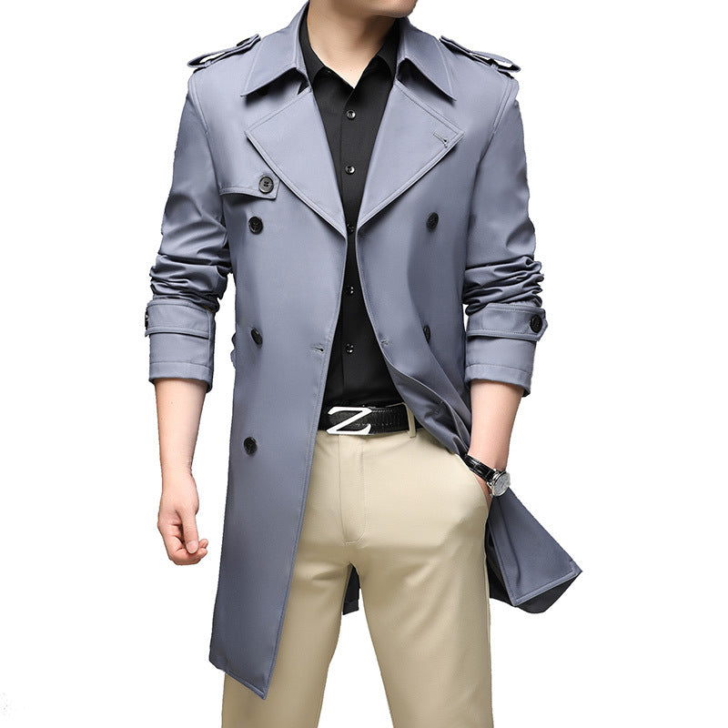 Herren Langer Slim-Fit Doppelreihiger Trenchcoat mit Epauletten und Taillengürtel Shop Nory