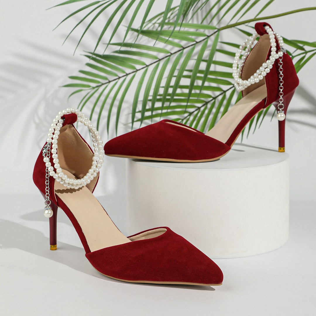 Damen Elegante spitz zulaufende Pumps mit Perlen-Knöchelriemen und schmalem Stiletto Shop Nory
