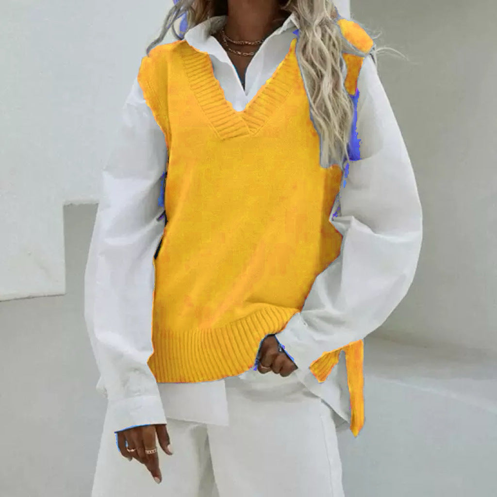 Damen Ärmellose Strickweste mit V-Ausschnitt und seitlichen Schlitzen Shop Nory