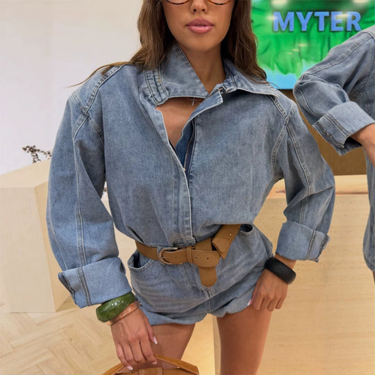 Damen Denim-Shorts-Overall mit kastigem Hemdoberteil und Taillengürtel Shop Nory