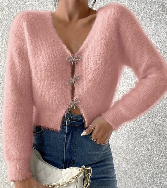 Damen Flauschiger Cropped-Cardigan mit V-Ausschnitt und Schleifen‑Verschlüssen Shop Nory
