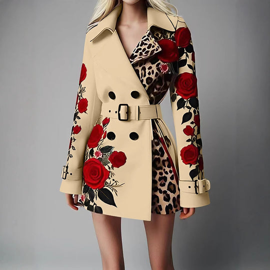 Damen Taillierter Trenchcoat mit Rosenprint und Leoparden-Innenfutter Shop Nory
