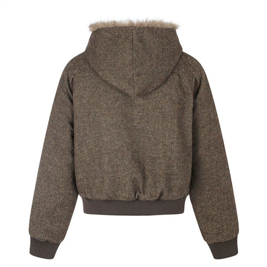 Damen Kapuzen-Bomberjacke mit Kunstfellfutter, asymmetrischer Mehrfachknopfleiste und geripptem Bund Shop Nory