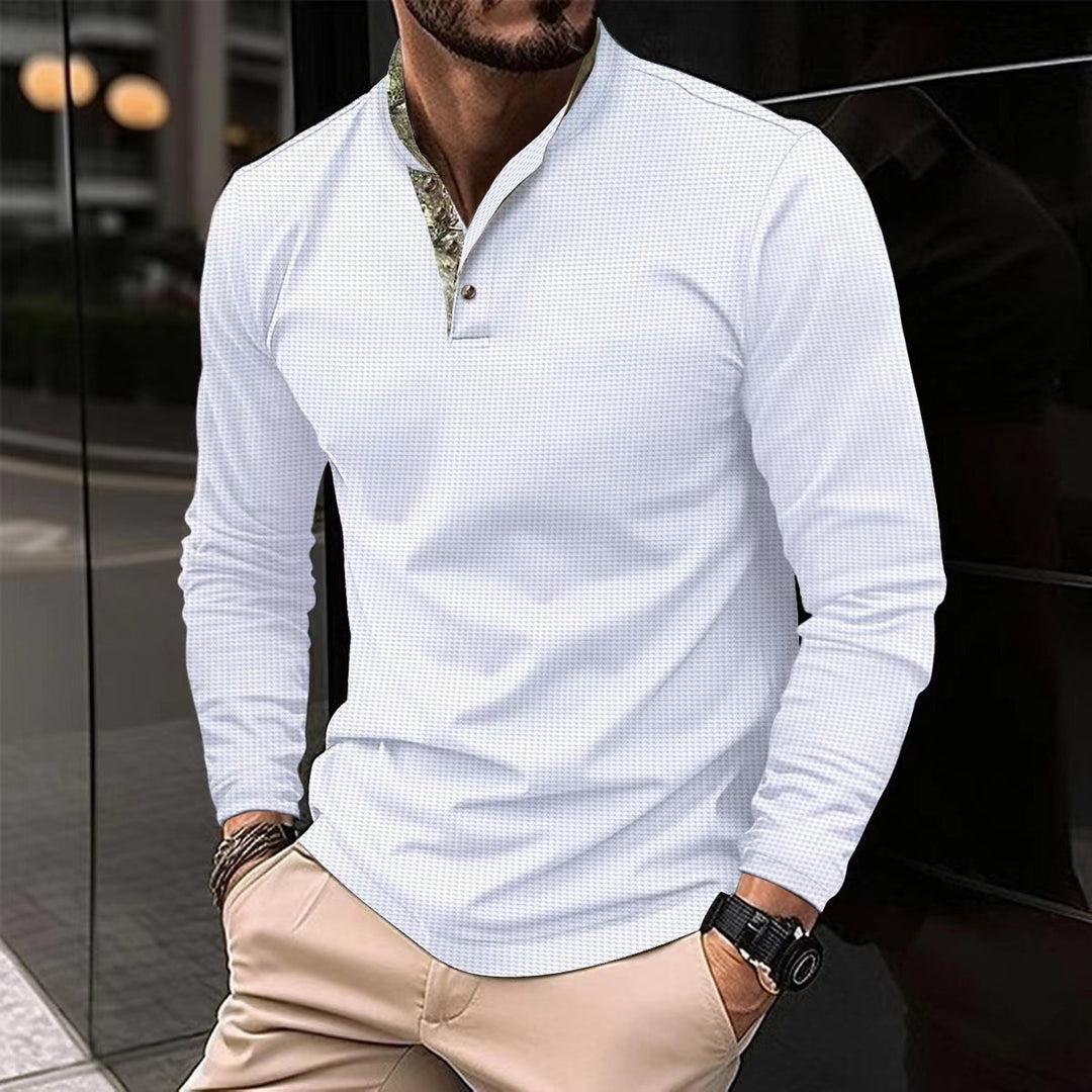 Herren nan langärmliges Henley-Poloshirt mit Stehkragen, feiner Struktur und gemustertem Innenkragen Shop Nory