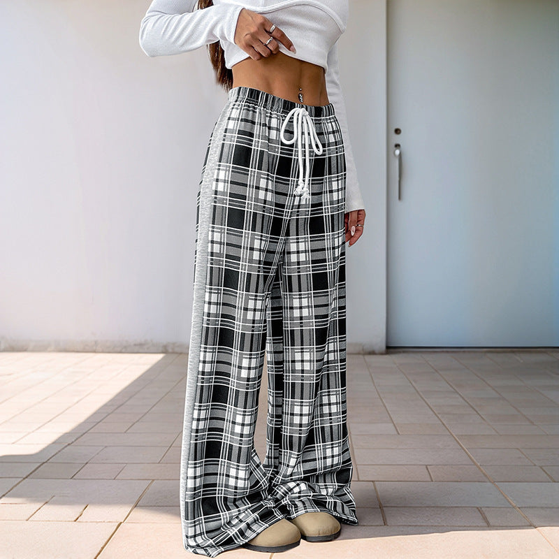 Damen Weite Lounge‑Hose im Karomuster mit elastischem Bund und Kontrast‑Seitpanel Shop Nory