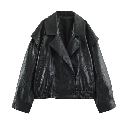 Damen Oversize Kunstlederjacke mit Doppelreihe, weitem Revers und elastischem Saum Shop Nory