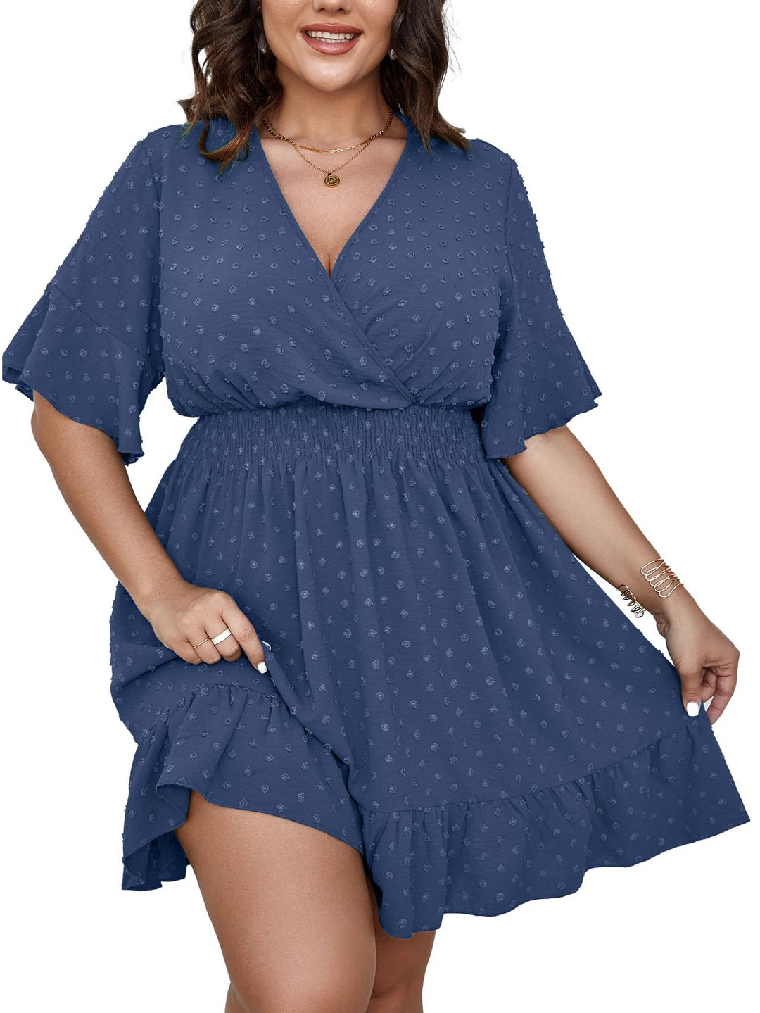 Damen Midikleid mit drapiertem V‑Ausschnitt, Smok-Taillenband und Volantstufen Shop Nory