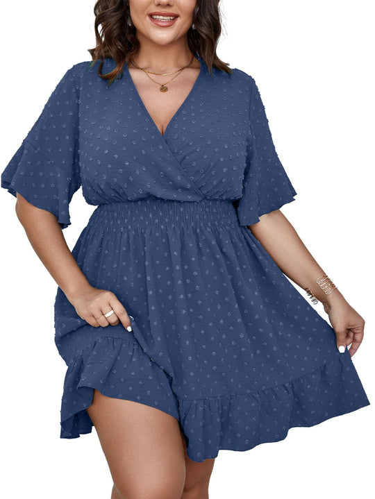 Damen Midikleid mit drapiertem V‑Ausschnitt, Smok-Taillenband und Volantstufen Shop Nory