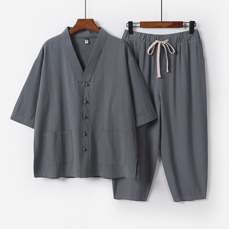 Unisex Leichtes Kimono-Lounge-Set aus Baumwoll-Leinen mit Kurzarmjacke und Kordelbund-Hose Shop Nory