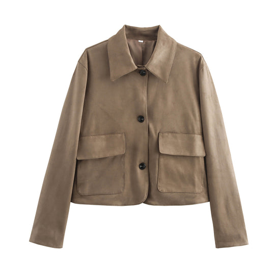 Damen Boxy-Kurzjacke aus Wildlederoptik mit Hemdkragen und aufgesetzten Pattentaschen Shop Nory