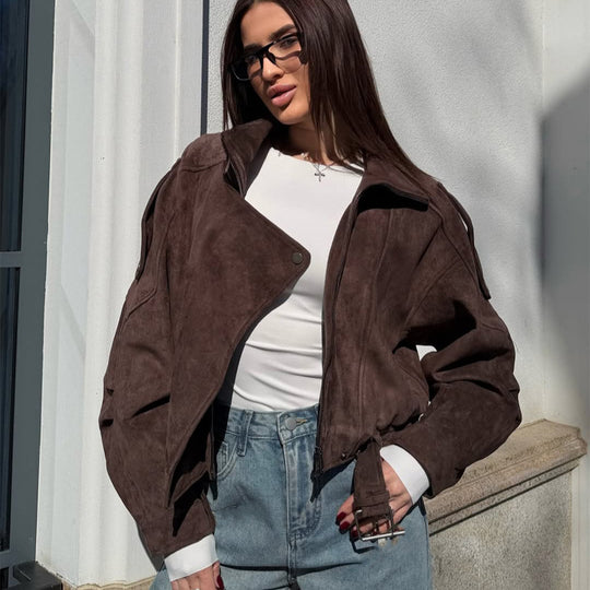 Damen Kurz geschnittene Wildleder-Bomberjacke mit Gürtel & Oversize-Ärmeln Shop Nory