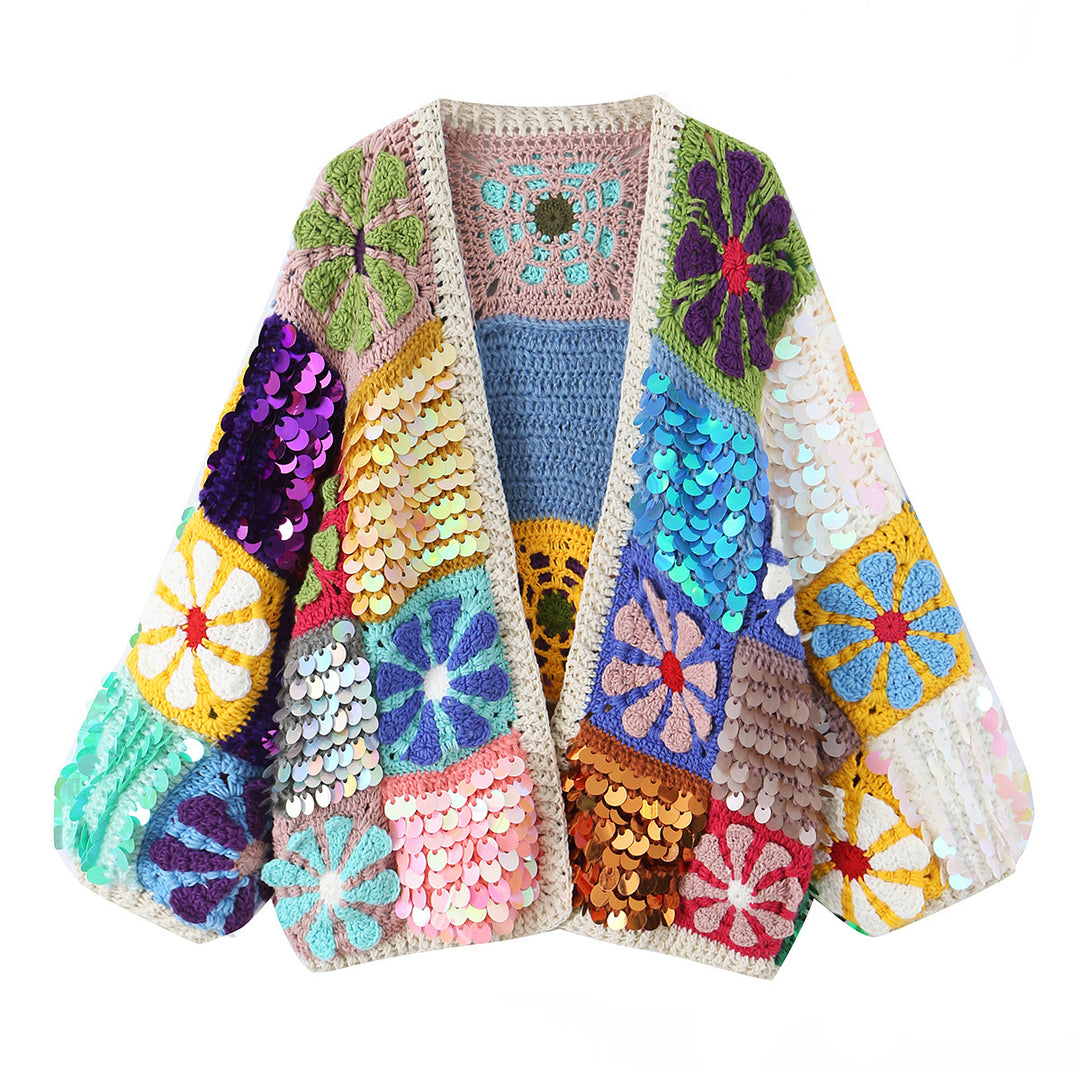 Damen verspielter Häkelpatchwork-Cardigan mit Pailletten und Blumenapplikationen Shop Nory
