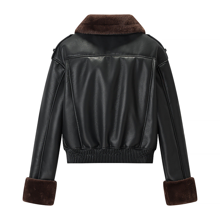 Damen Kurz geschnittene Fliegerjacke aus Kunstleder mit Teddy-Innenfutter, Umlegekragen und umschlagbaren Manschetten Shop Nory