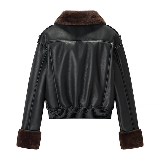 Damen Kurz geschnittene Fliegerjacke aus Kunstleder mit Teddy-Innenfutter, Umlegekragen und umschlagbaren Manschetten Shop Nory
