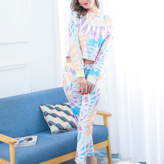Damen Zweiteiliges Crop-Lounge-Set mit Batikprint, Oversize-Sweatshirt und Kordelbund-Jogger Shop Nory